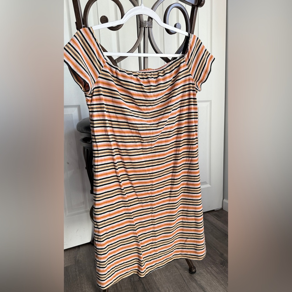 Cute Off-the-Shoulder SO Striped Orange and Black Dress